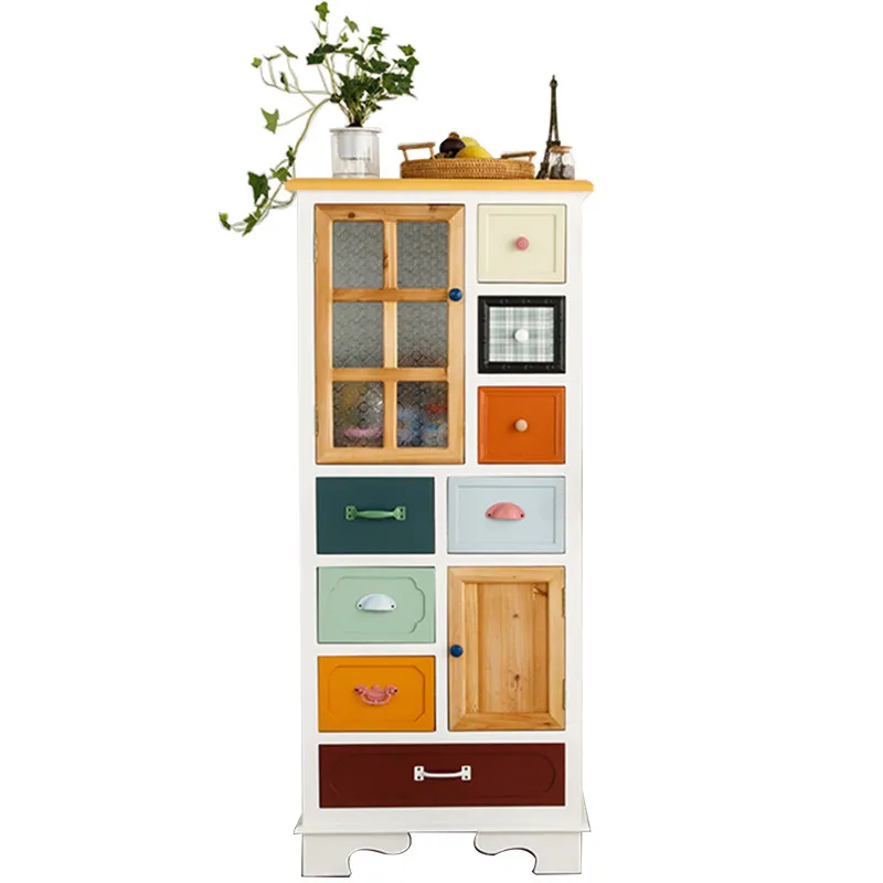 

American rural solid wood dining side chest wine cabinet Nordic living room high cabinet Mediterranean modern simple