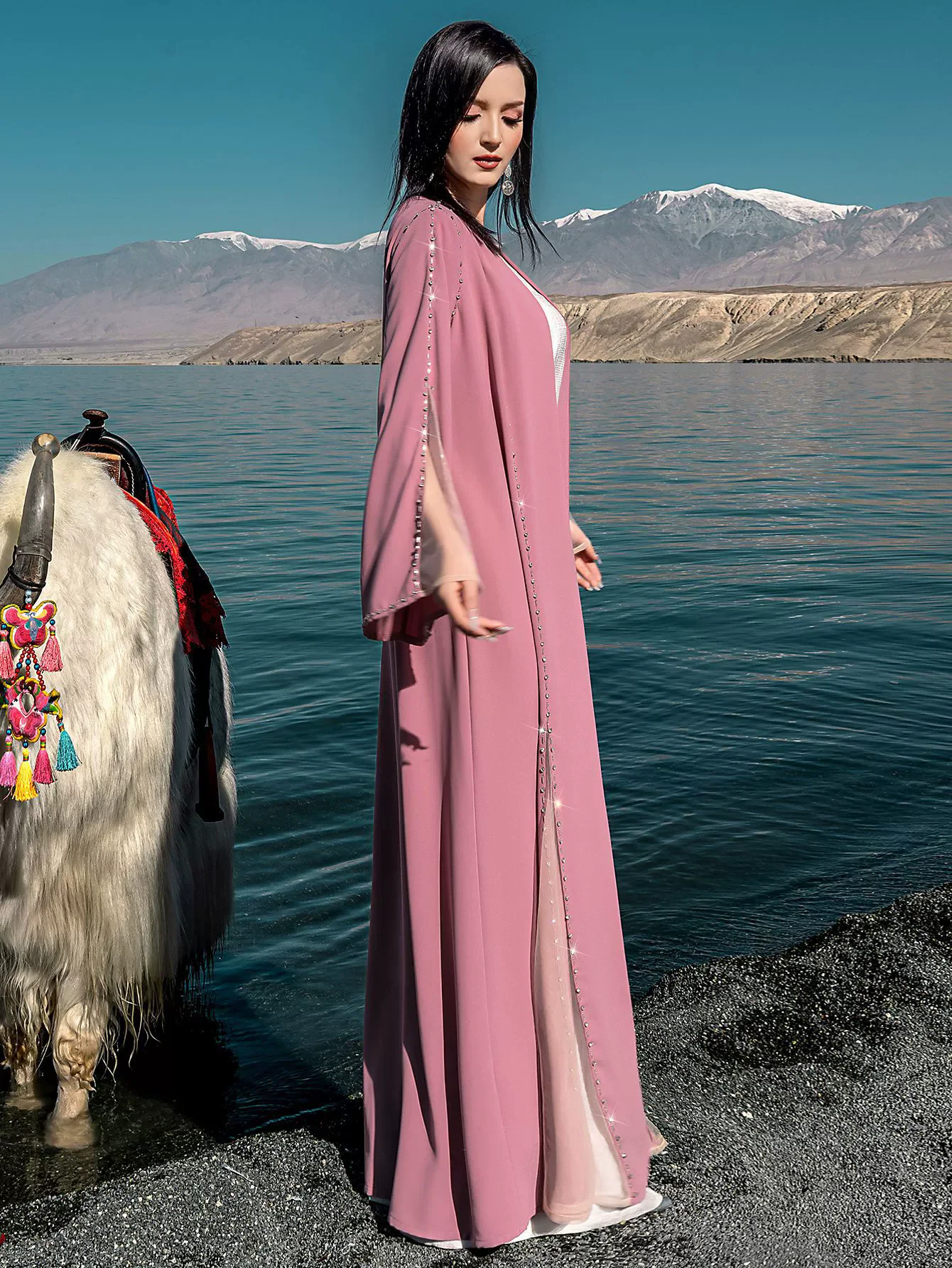 Eid มุสลิม Abayas สําหรับสตรี 2 ชิ้นชุดเย็บปักถักร้อยเสื้อสเวตเตอร์ถัก Robe Lace Up ชุดโมร็อกโก Kaftan อิสลาม Ramadan ดูไบ ...