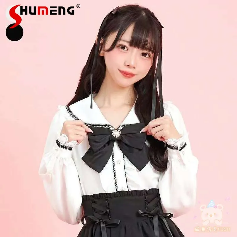 

Japanese Mine Style Mass-Produced Lace Bow Ear Doll Collar Long Sleeve Single-Breasted Sweet Versatile Lolita Shirts Tops Women