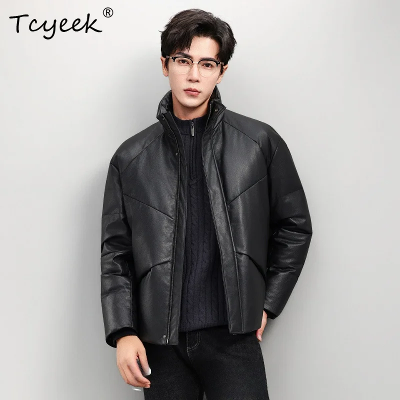 Tcyeek Genuine Cow Leather Jacket Men Short White Goose Down Coat Mens Clothing Fashion Men's Thickened Puffer Jackets Chaqueta