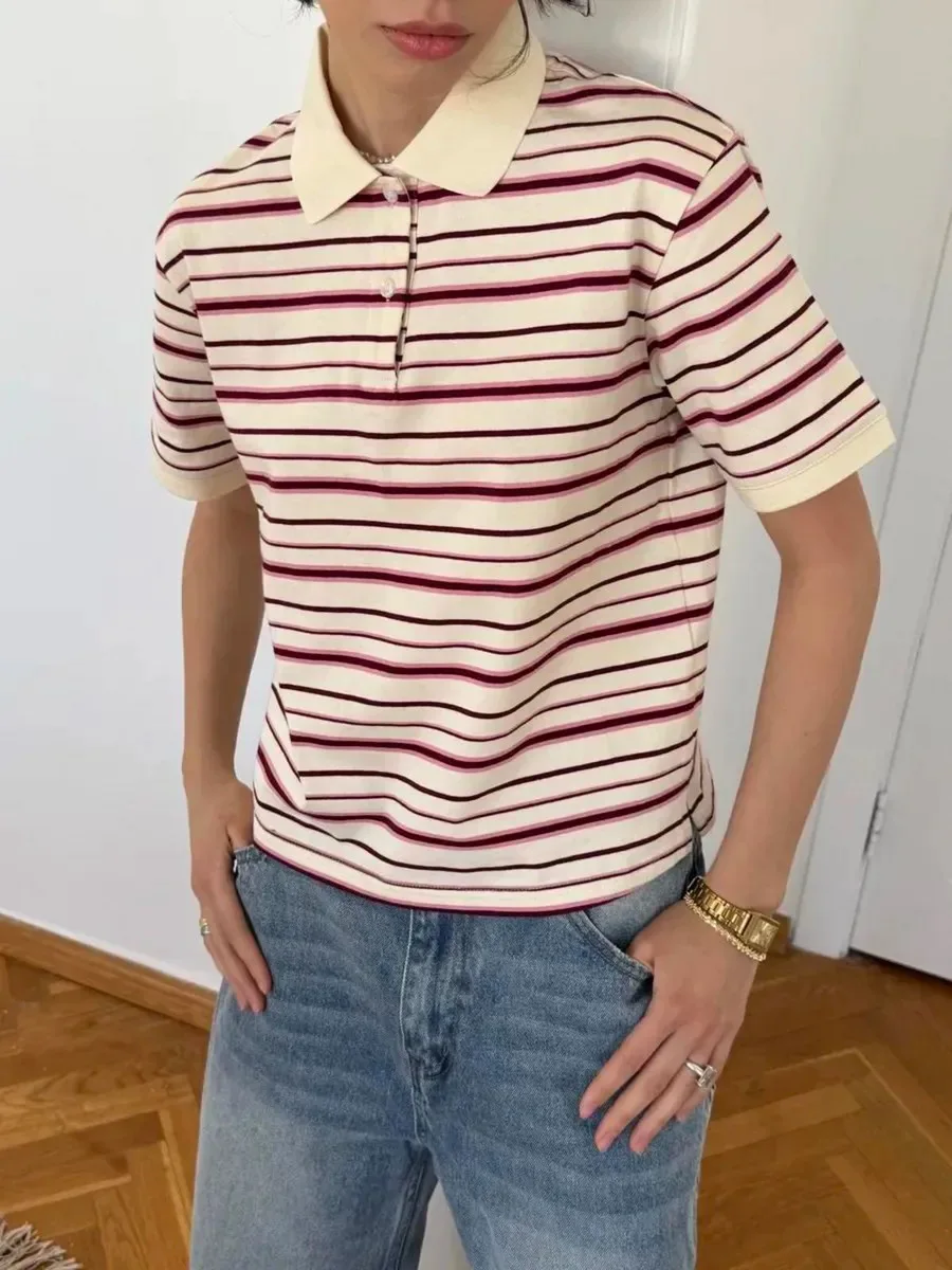 

Vintage Striped Contrast T-shirt Women Buttons Turndown Collar Short Sleeve Tee Shirt Summer Cotton Casual Fashion Tops T-shirts