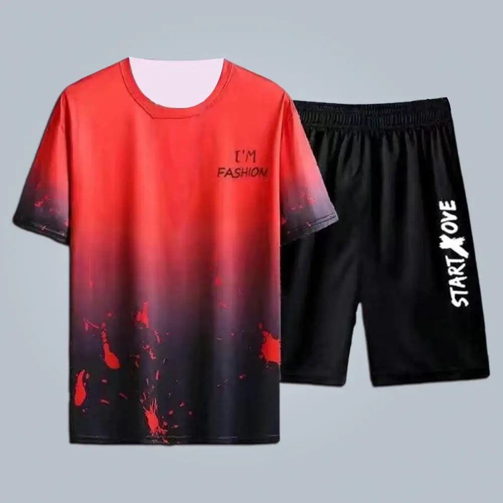 Conjunto de ropa deportiva para hombre, Camiseta de cuello redondo con estilo, pantalones cortos de cintura elástica para Fitness y correr, Color degradado