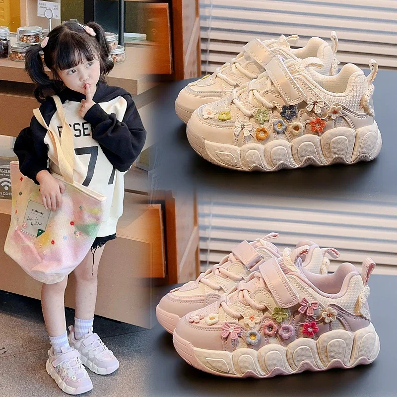 Girls Casual Sneakers 4-18 Years Old Flowers Embroidery Girls Board Shoes Four Seasons Hundred Non-slip Children\'s Single Shoes