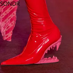 Womens Patent Pointy Toe Tiger Teeth High Heel Ankle Boots Fashion Shoes Candy Colors Plus Size New 2024