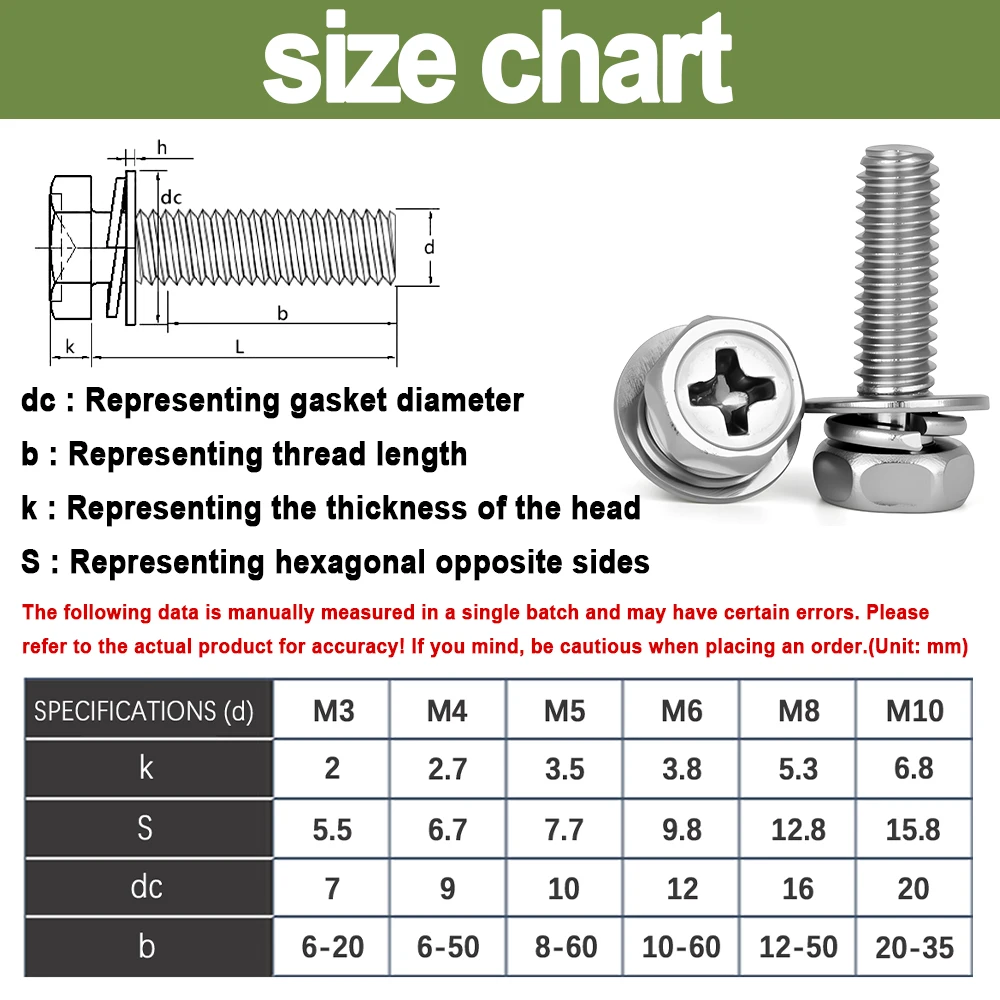 M3 M4 M5 M6 M8 M10 Cross Recessed Hex Head with Washer Sem Screw Stainless Steel Metric Three Combination Thread 3-20 Pcs