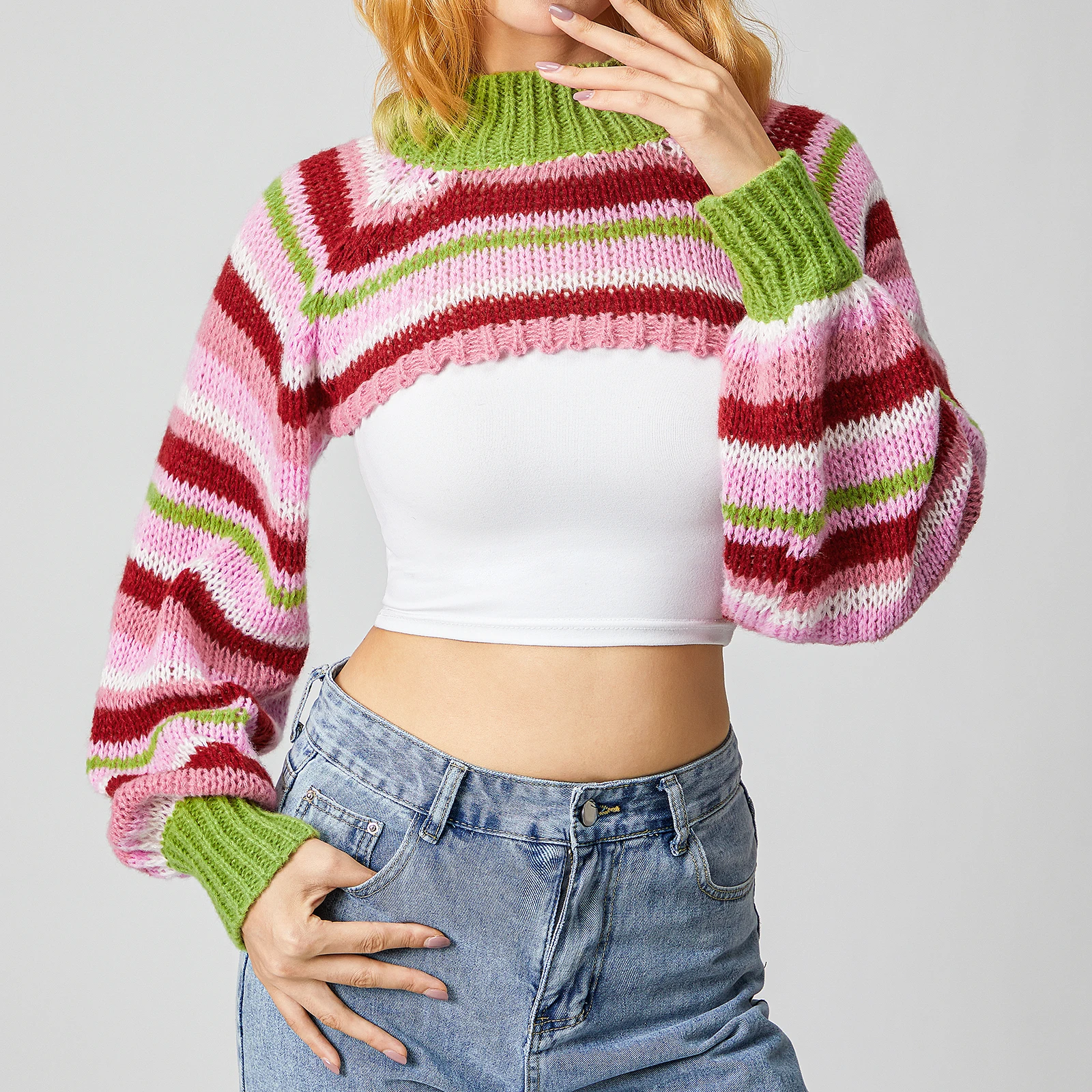 Women Spring Autumn Knitted Shrug Sweater Casual Striped Loose Long Sleeves Half Turtleneck Pullover Crop Tops Streetwear