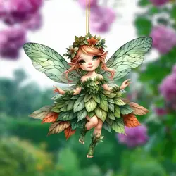 1pcs 2D Acrylic Green Elf Pendant Flower Fairy Charms Small Fresh Car Pendant Cartoon Cute Elf Car Rearview Mirror Decoration