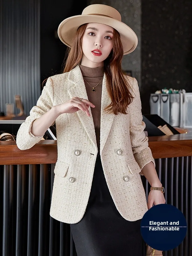  Style Khaki Woolen Suit Jacket Women's Fashion Autumn Winter Plaid Outerwear Button Detailing Office Commute Ready