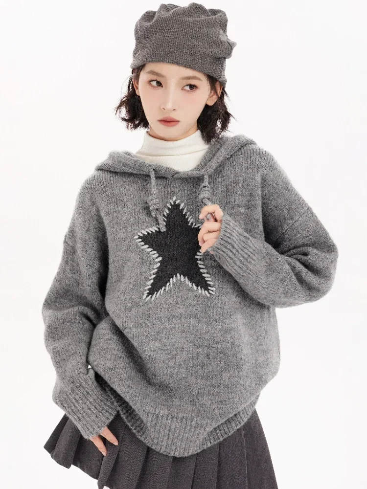 Knitted Hooded Pullovers Women Sweaters Outerwear Star Pattern Sweet Lovely Design Loose Cozy Warm Autumn Korean Fashion Casual