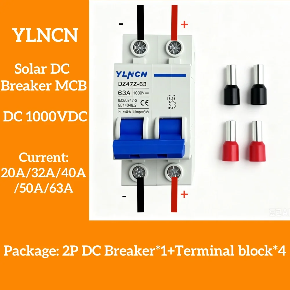 Solar DC Circuit Breaker DZ47 2P 1000V 32A 63A Solar PV System MCB for Photovoltaic Off-Grid Energy Battery Storage System