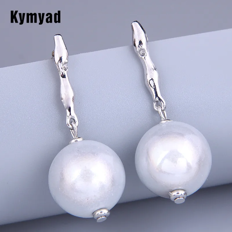 Kymyad Simulated Pearl Jewelry Stud Earrings For Women Crystal Brincos Simple Silver Color Wedding Jewelry Earrring