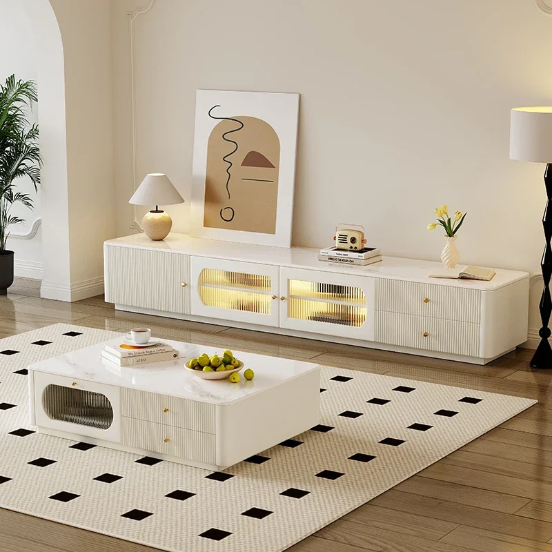Furniture and Home Cream Wind Rock Plate Tea Table TV Cabinet Combination Living Room Household Small Unit Storage Floor Cabinet