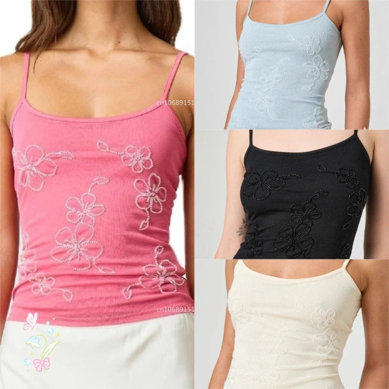 

Y2K Шикарные топы на бретелях в форме цветка с бисером для женщин, топ без рукавов на бретельках с круглым вырезом, облегающий однотонный жилет