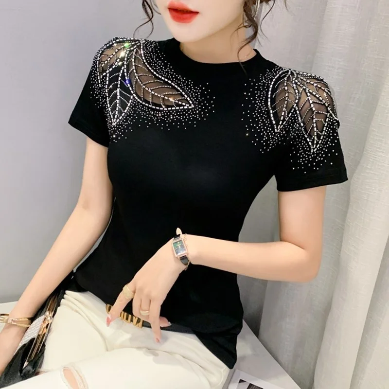 #5315 Black White Green Red Short Sleeve T Shirt Women Spliced Mesh Diamonds Sexy Hollow Out Skinny T-shirt Femme O-neck Summer