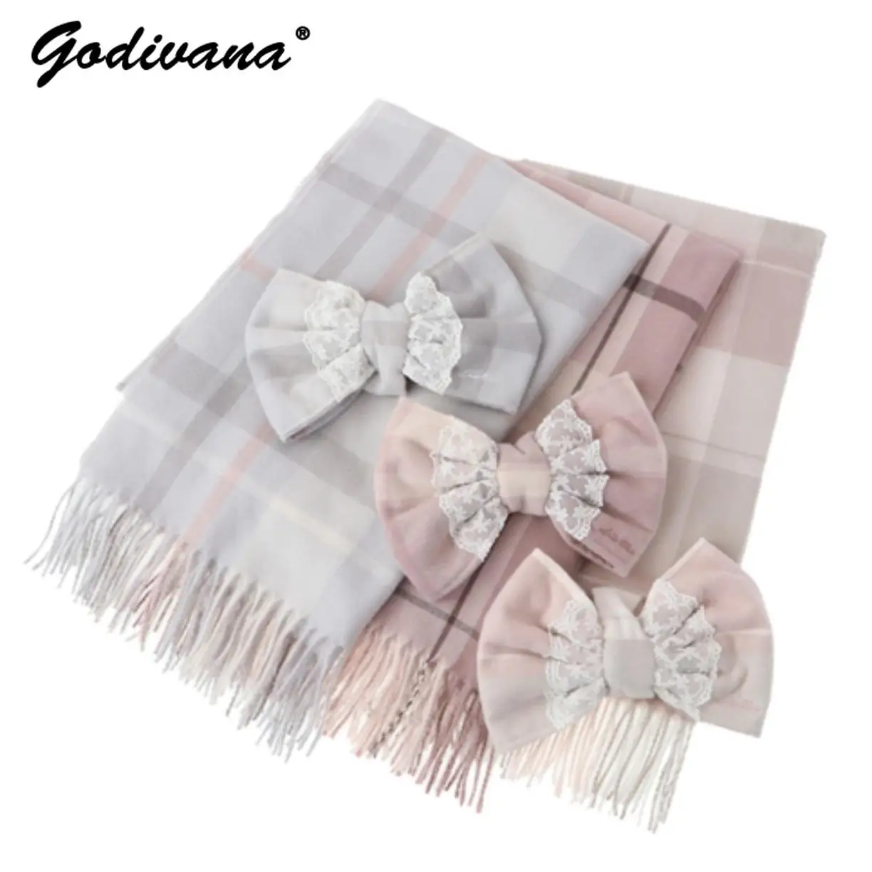 Japanese Liz New Lazy Wind Girls Sweet Plaid Lace Bow Scarf Soft Warm Women\'s Winter Lolita Scarf