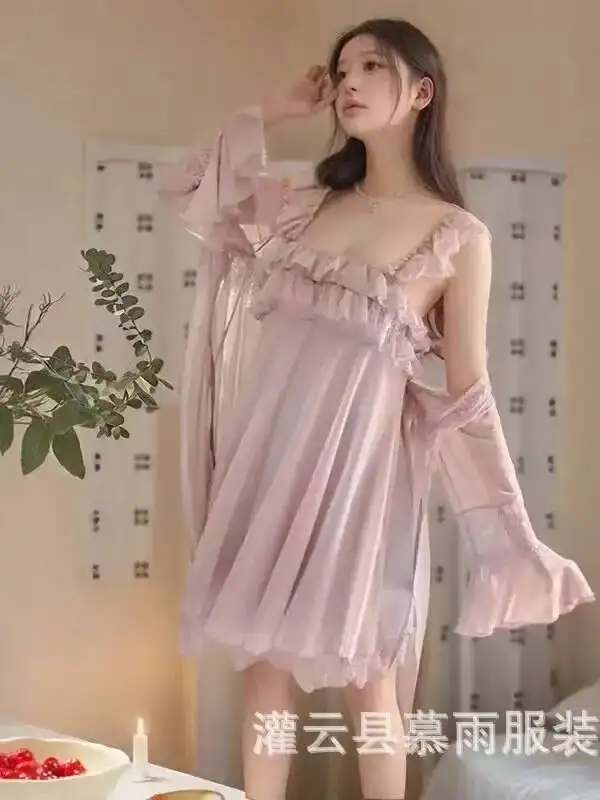 Camisón fino de encaje Sexy coreano para mujer, ropa de casa tentadora de dos piezas, Tops de moda para mujer 7IG0