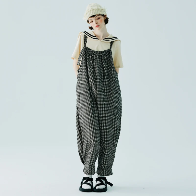 IMAKOKONI Original Design Checkered Strap Pants Summer Strap Pocket Panel Loose Casual Fashion Strap Pants 234115