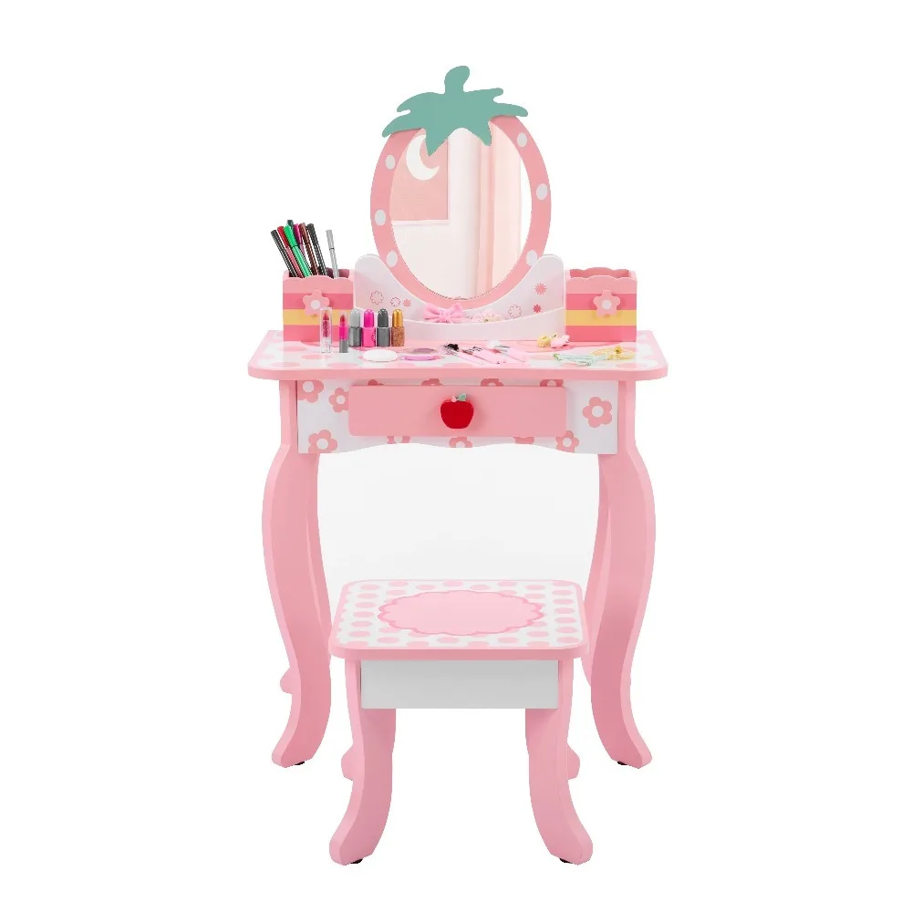 Girls Gift Vanity Makeup Table Girls Dressing Table Set with Mirror and Stool
