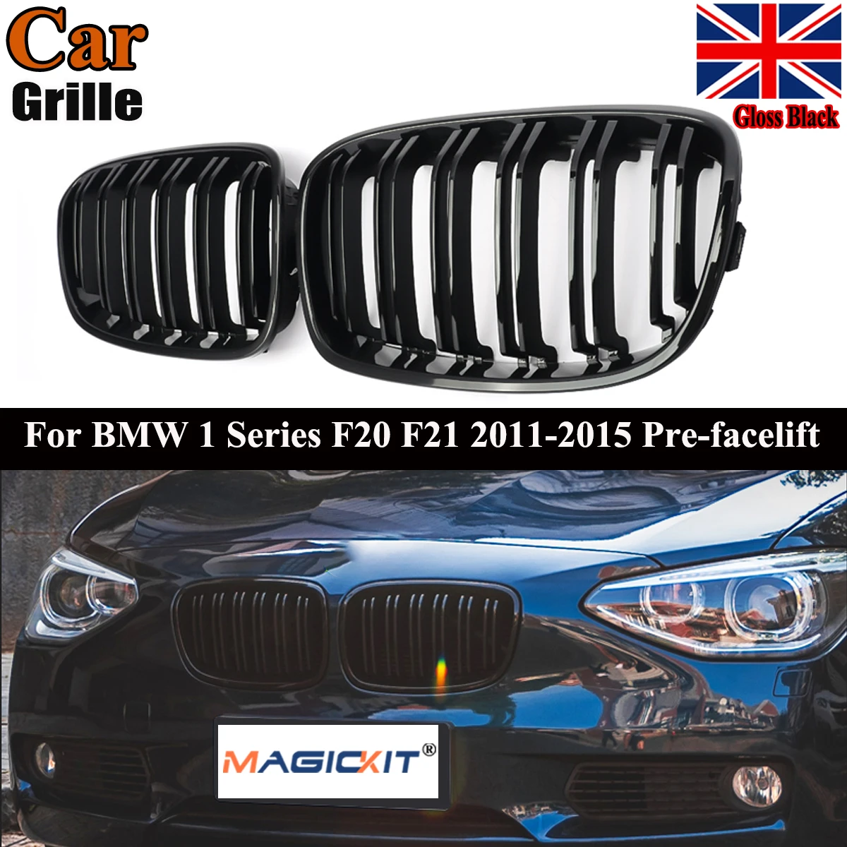 

For 2011-14 BMW F20 F21 1-Series M Look Kidney Grille Grill Gloss Black Twin Bar