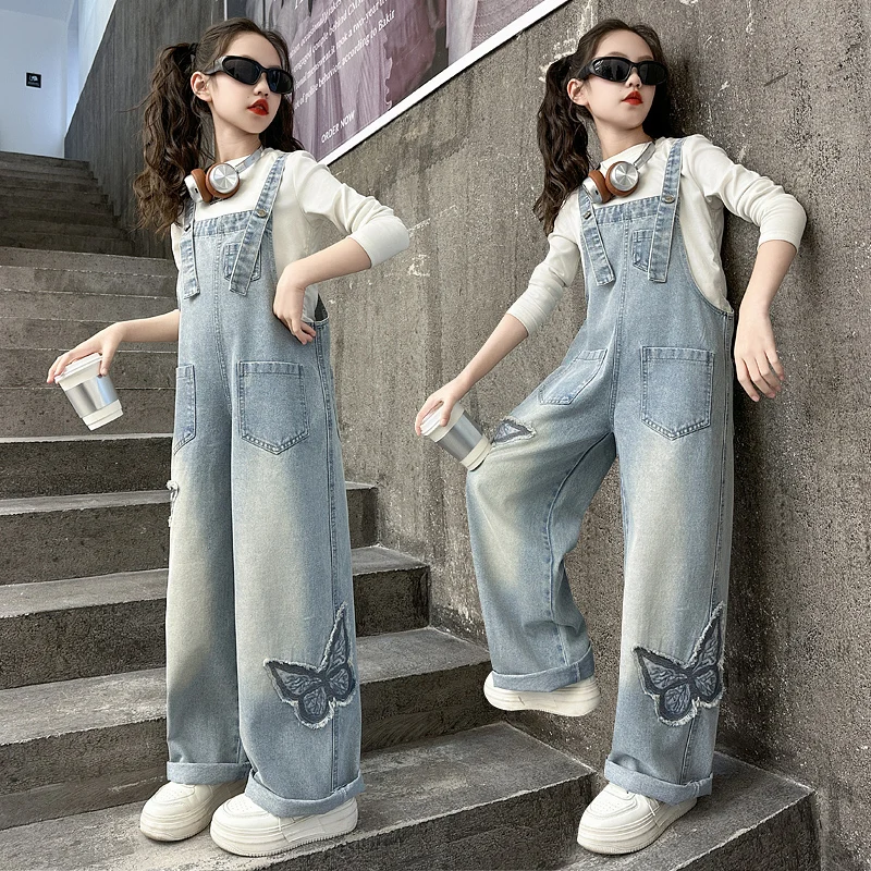 spring teenager girls overalls junior kids denim jumpsuit Sticky Butterfly Denim Strap Straight Pants 4 6 8 14 children trousers