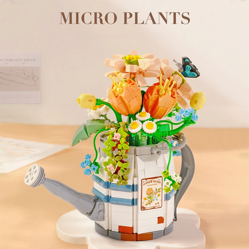 MINI Ideas Flower Watering Can Potted Building Block MOC Creative Plant Bouquet Home Decoration Bricks Children Toys Kids Gifts