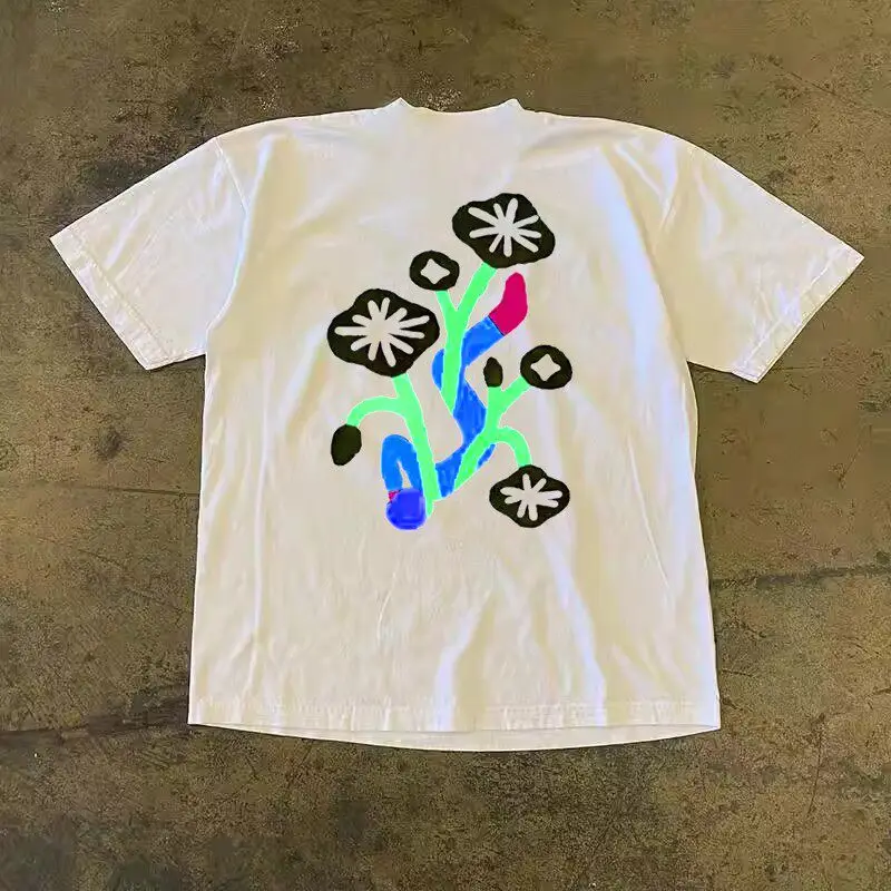 Abstract Color Floral Art Print American Retro Couple Short Sleeved Comfortable Breathable T-shirt for Men and Women