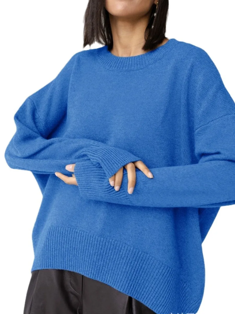 

Loose round Knitted Sweater Pure Color Women's Autumn Winter Fasion Polyester Fiber Long Sve Casual Comfortable Top