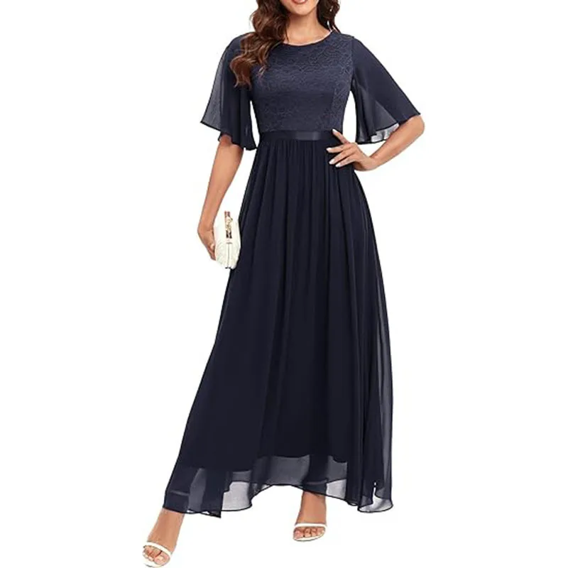 

2025 New Lace Maids Evening Gown Women's Long Skirt Short Sleeve Polyester Ball Dress Party Wear Wedding Gown Company Dinner