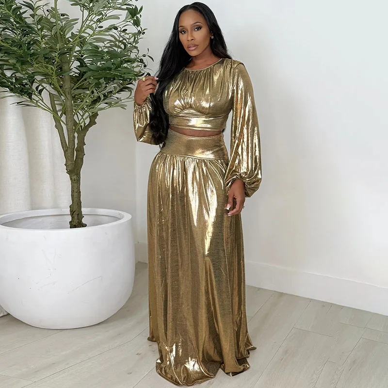 도이어글로시 메탈릭 파티 생일 드레스 여성 의류 투피스 세트 클럽 긴팔 크롭탑과 롱 스커트 매칭 세트