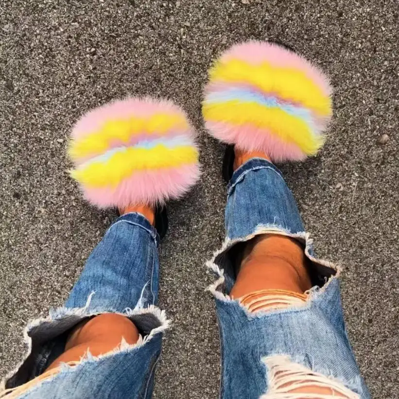 Saucy Girl Summer Flat Slippers Big Fur Lovely Sandals Women Black Fur Slides Cheap Slides New Arrival Garden Clogs Shoes