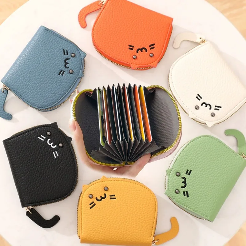 

Cartoon Cat Small Card Wallet Women PU Leather Card Holder Ultra-thin Cute Zipper Wallet Fashion Simple Portable Coin Purse