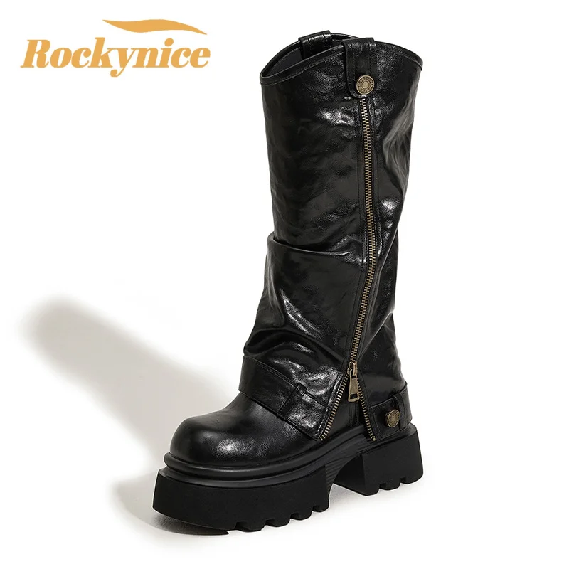 

Women Mid-calf Boots 2025 New Goth Retro Western Punk Boots Autumn Winter Versatile Female Leather Knight Motorcycle Boots 10CM