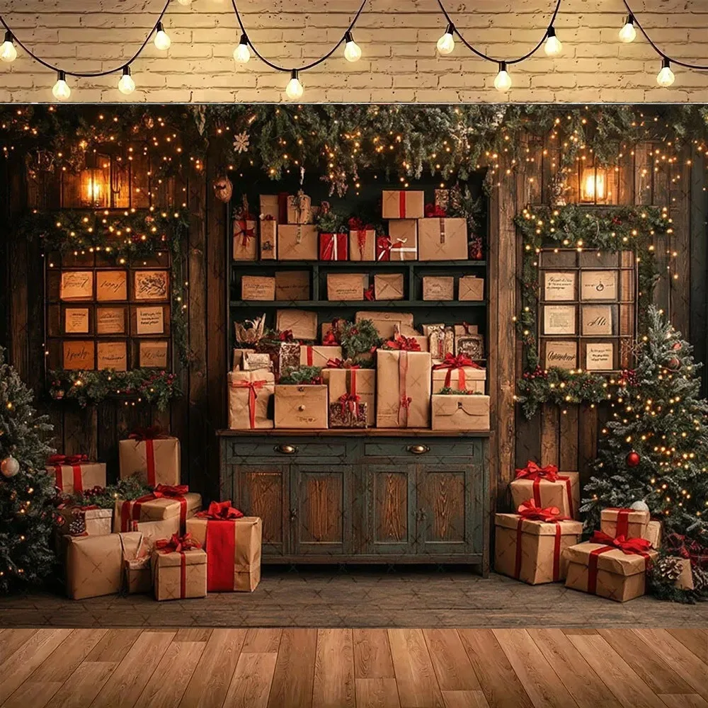 

Vintage Christmas Cabinet Photography Backdrop, Christmas Tree Children's Family Portrait Decoration Photography Backdrop Cloth