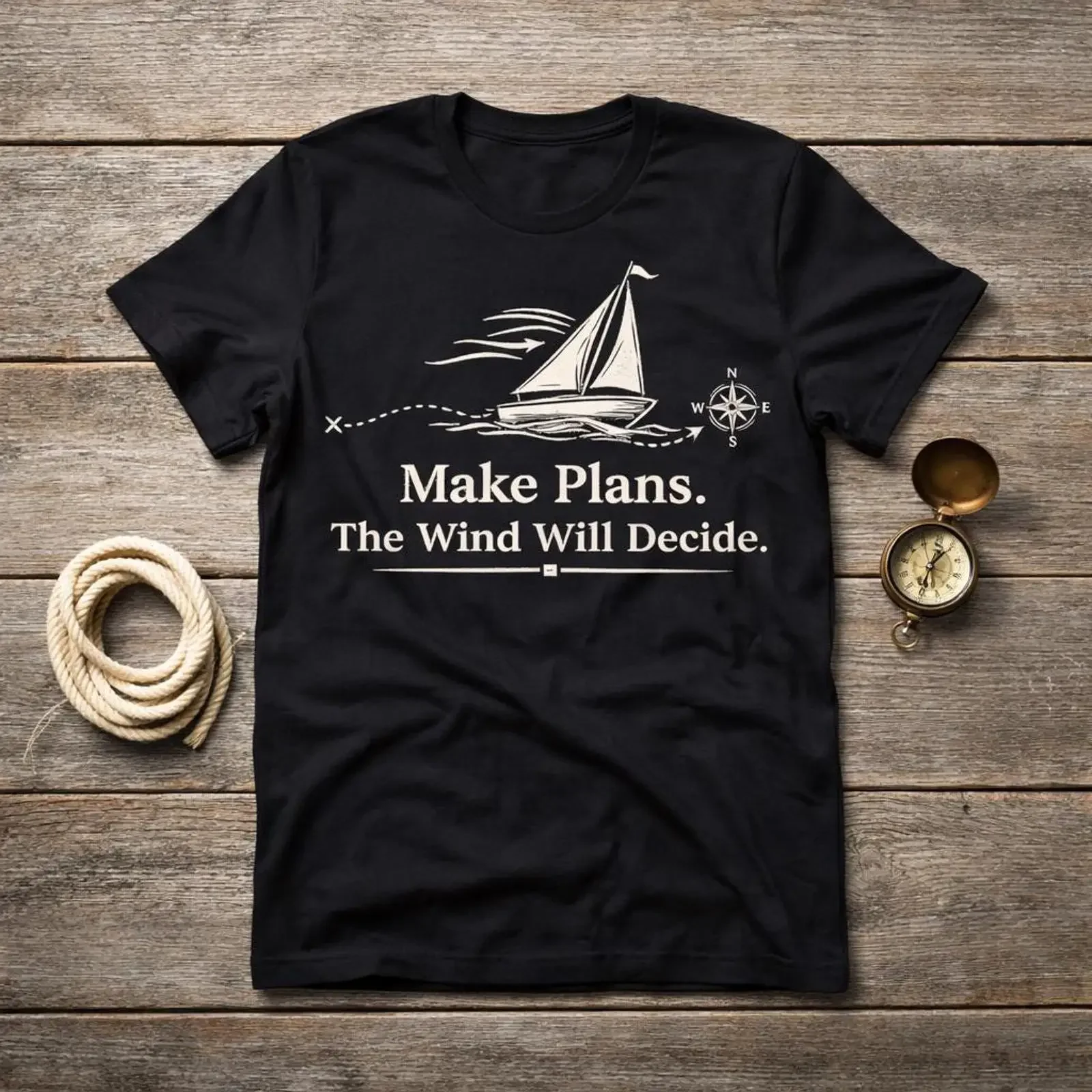 Make Plans Wind Decide Sailing T Shirt Nautical Compass Ocean Adventure Boat Lover  vintage Washed Stretched Breathable