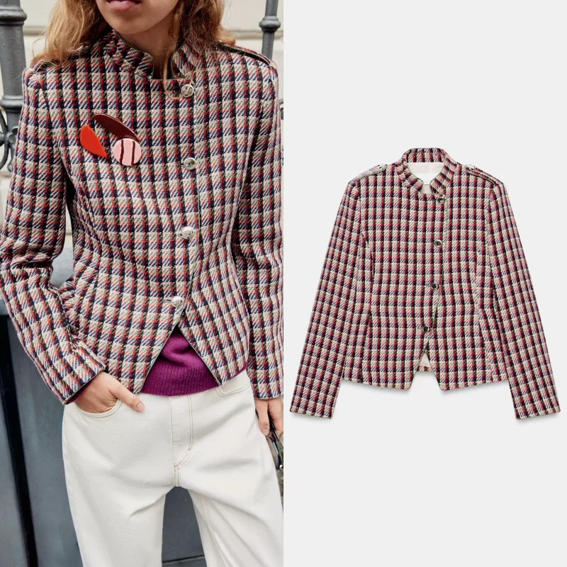  Plaid Stand Collar Shoulder Pad Suit Women's Outerwear Autumn 2026 Standard Fit Long Sleeve Button Closure Coat