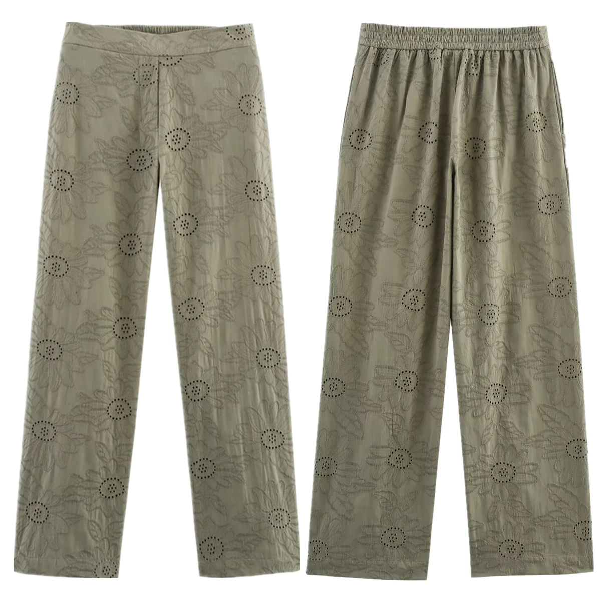 

Maxdutti Minimalist Army Green Embroidered Hollow Straight Pants Women French Lazy Cotton Summer Casual Pants Trousers