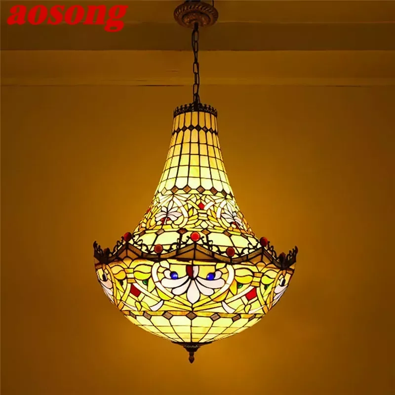 AOSONG Tiffany European Chandelier Vintage Restaurant Bedroom Coffee Shop Bar Villa Corridor Color Glass Pendant Lamp