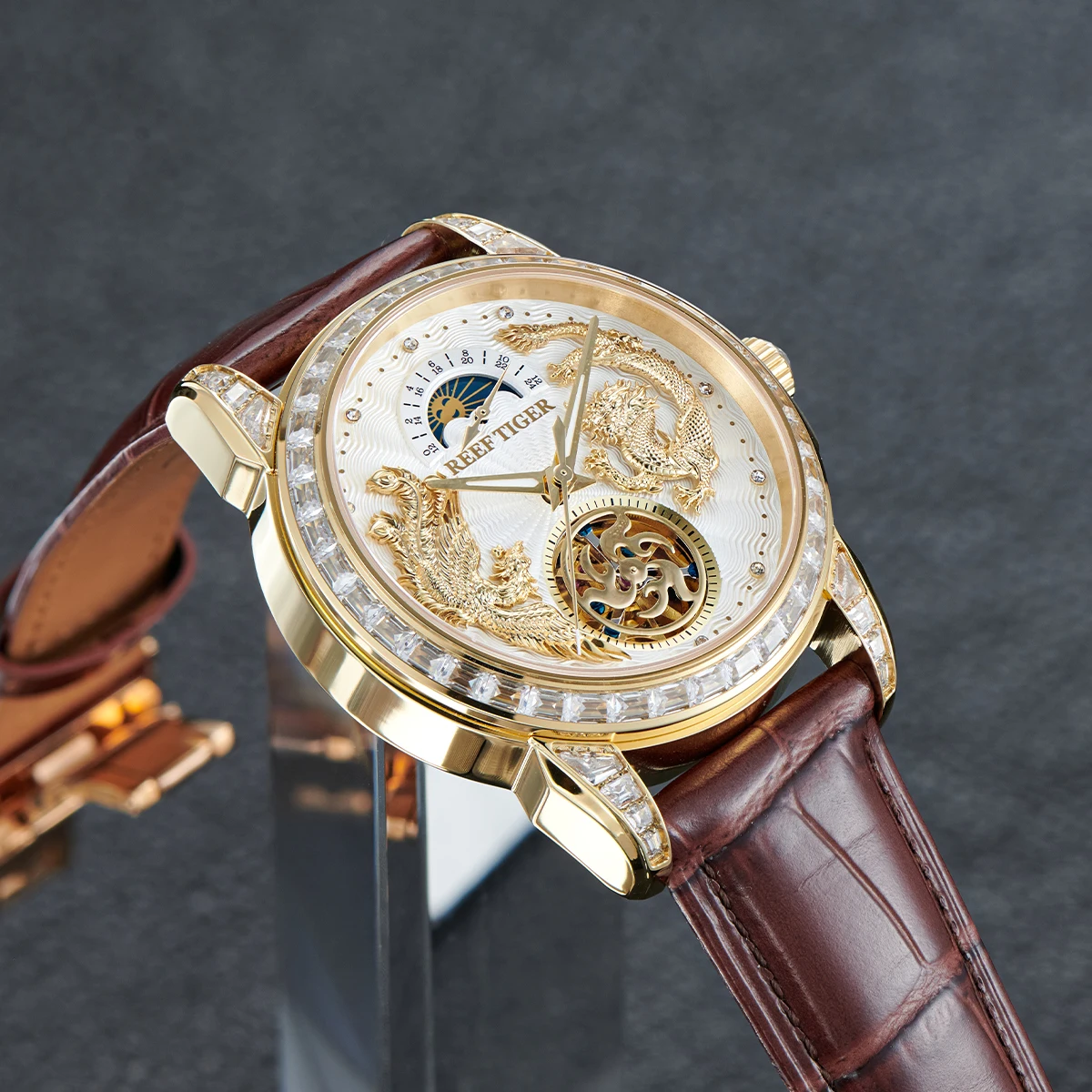 Reef Tiger/RT Artist Series Dragon & Phonex Diamonds Automatikuhr für Herren Mondphase Braunes Leder Mechanisch Rejoles RGA1939