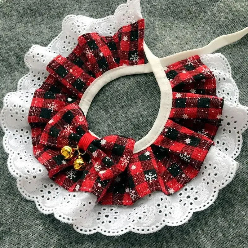 Christmas Pet Bow Bib Collar Scarf Plaid Bow Lace Saliva Towel with Bell Pendant for Dog Cat Collar Necklace Christmas Gift