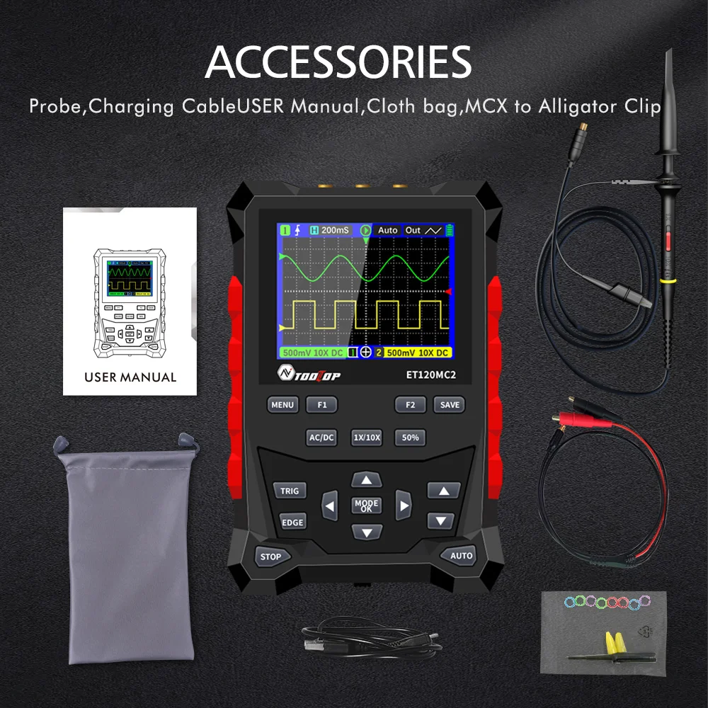 TOOLTOP 2-kanałowy przenośny oscyloskop 120 MHz Źródło sygnału 2 w 1 Elektronika Oscyloskop samochodowy Oscyloskop Mini USB