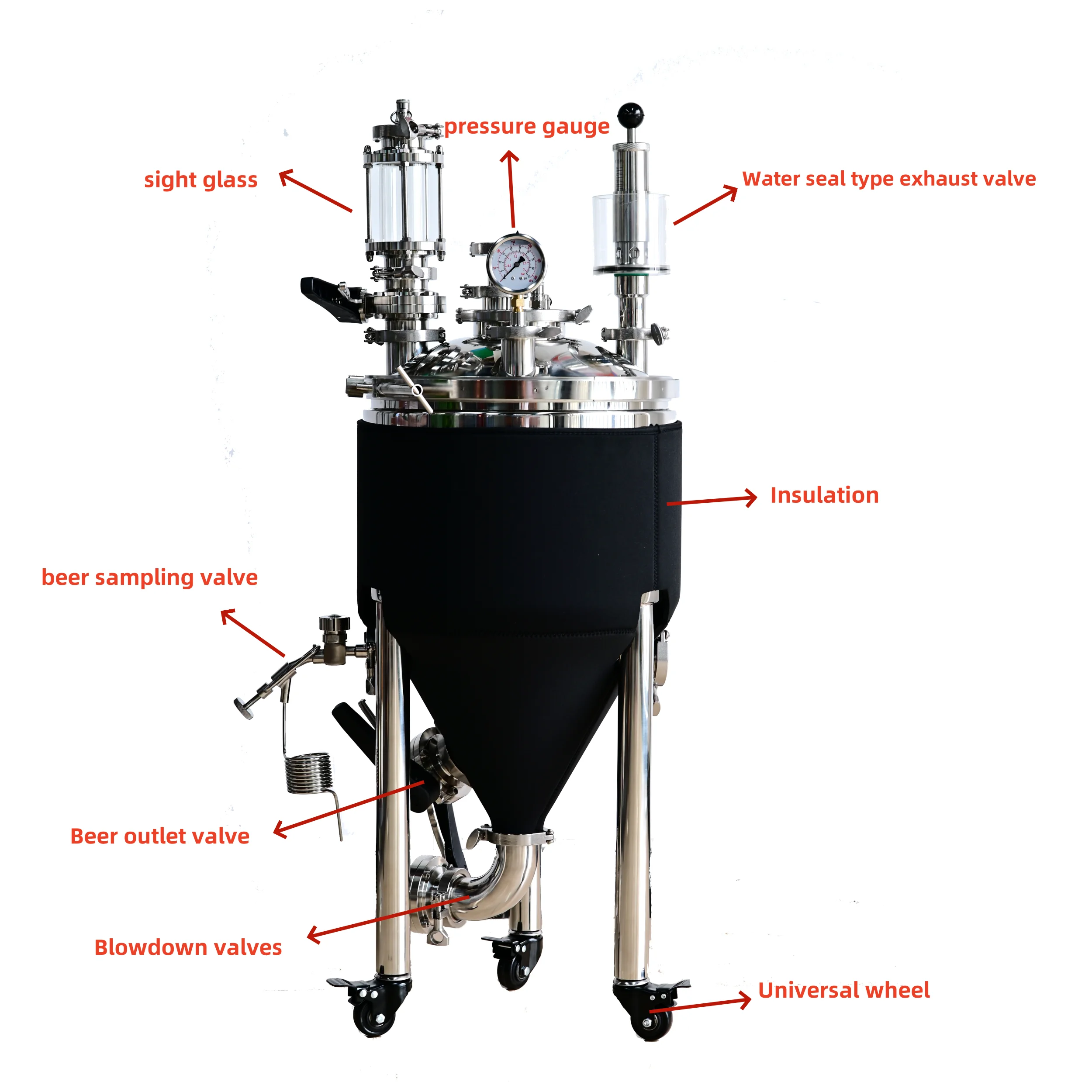 30L 55L 75L 105L Brewing Equipment Stainless Steel Wine Fermentation Barrel Conical Jacketed Fermentation Tank