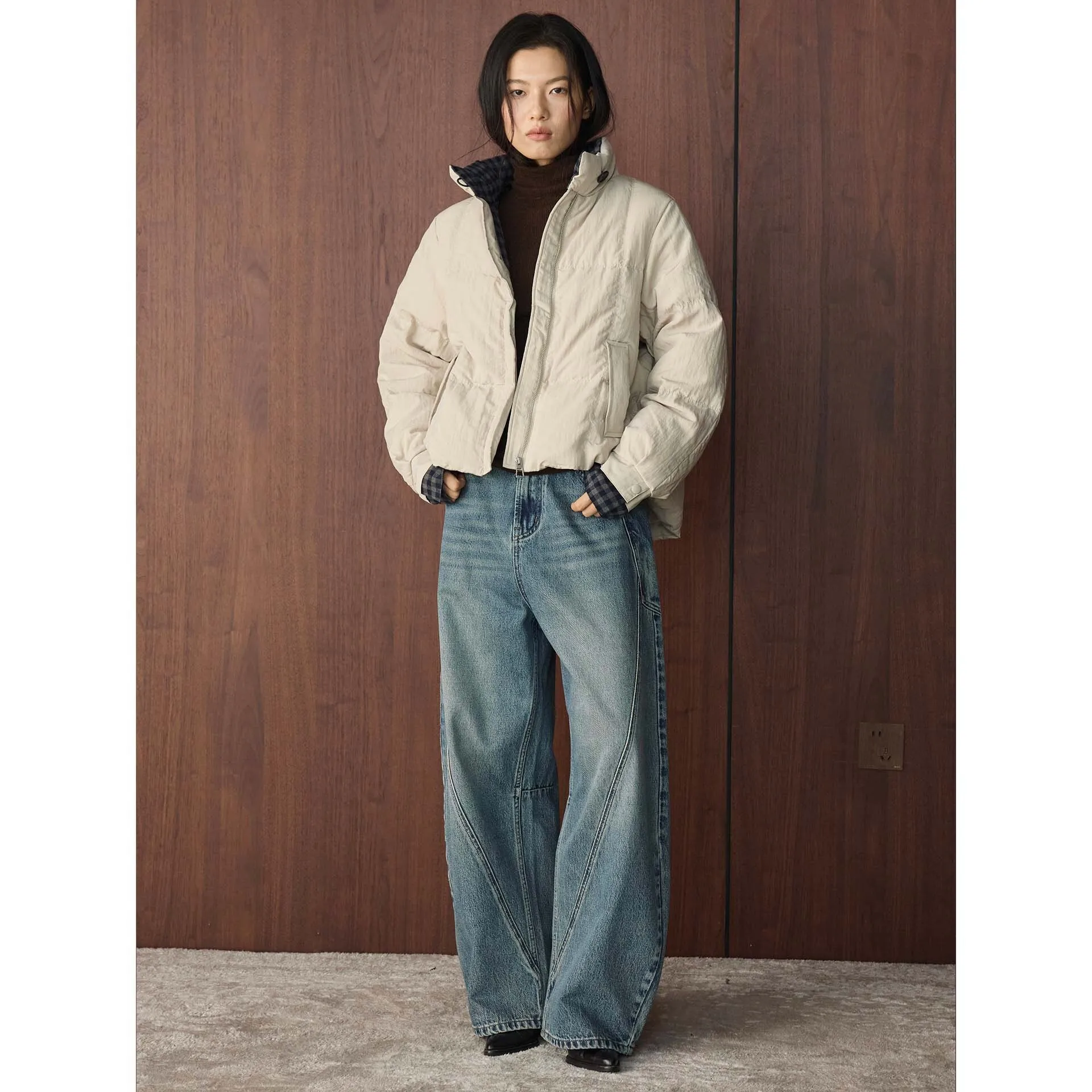 Winter Plaid Color-block Short Down Jacket Warm Coat For Women