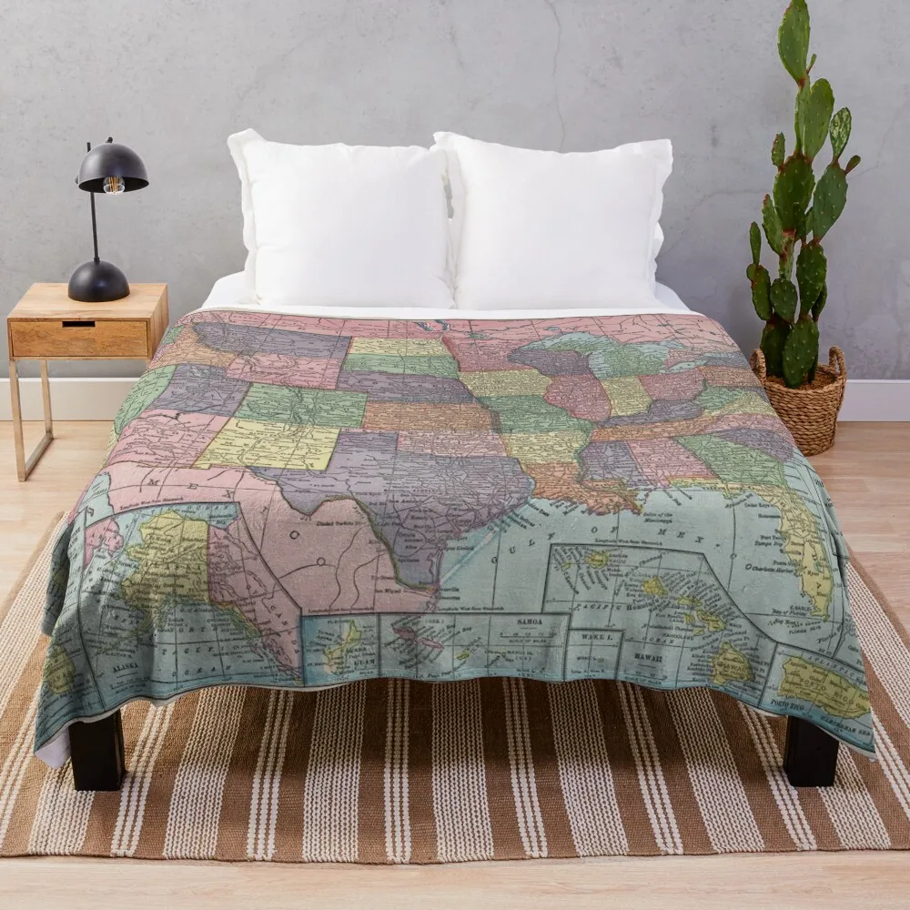 Old United States Map (1925) Vintage USA Atlas Throw Blanket Beach Flannel Beautifuls Flannel Fabric Blankets