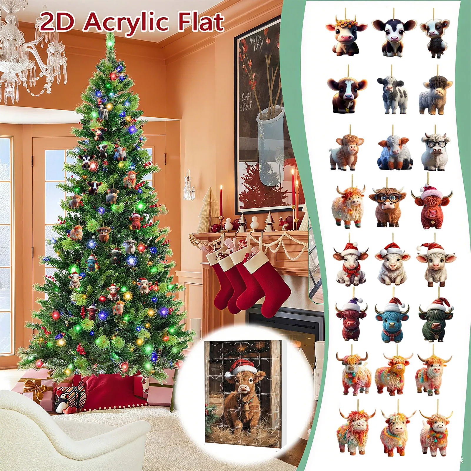 Bonecas de ação highland vaca calendário do advento 2025 contagem regressiva do feriado 2d gado decoração de natal ornamento 24 peças caixa cega