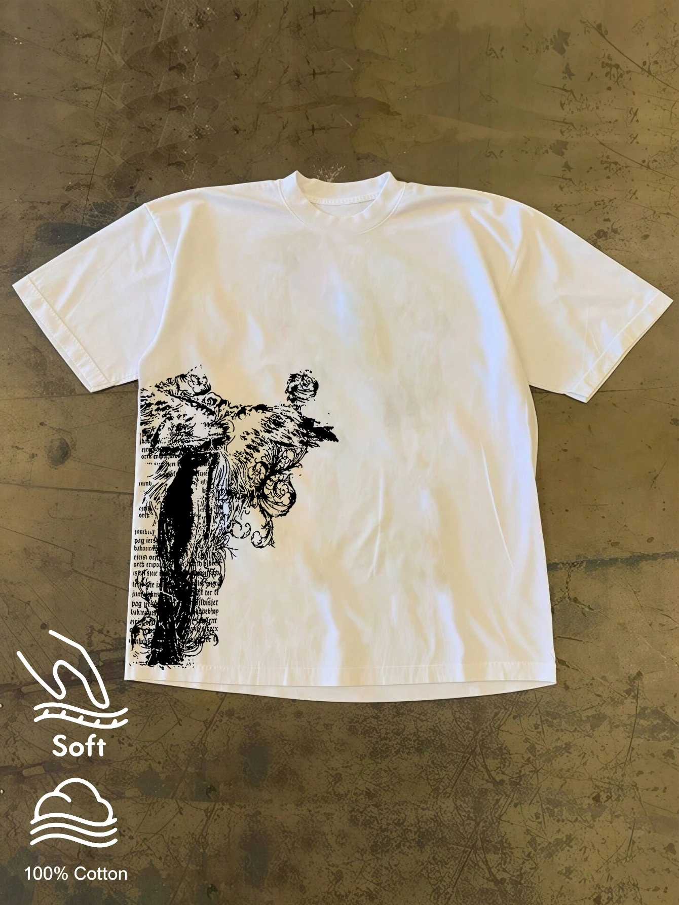 Crew Neck Short Sleeve T-Shirt, Side Vintage Figure Engraving Print with Old Newspaper Text Splicing, Dark Streetwear Top