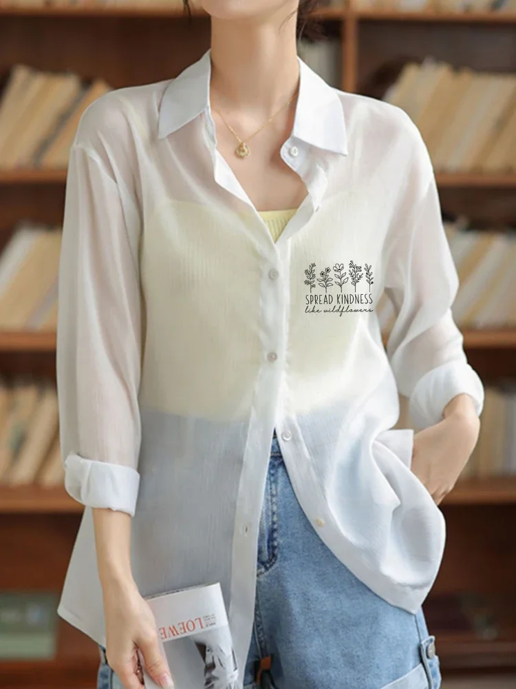 Little Fresh Sun Protection Female Tops White Women's Shirt and Blouse Youthful Woman Clothes Sale of Elegant Chic Tall Social M