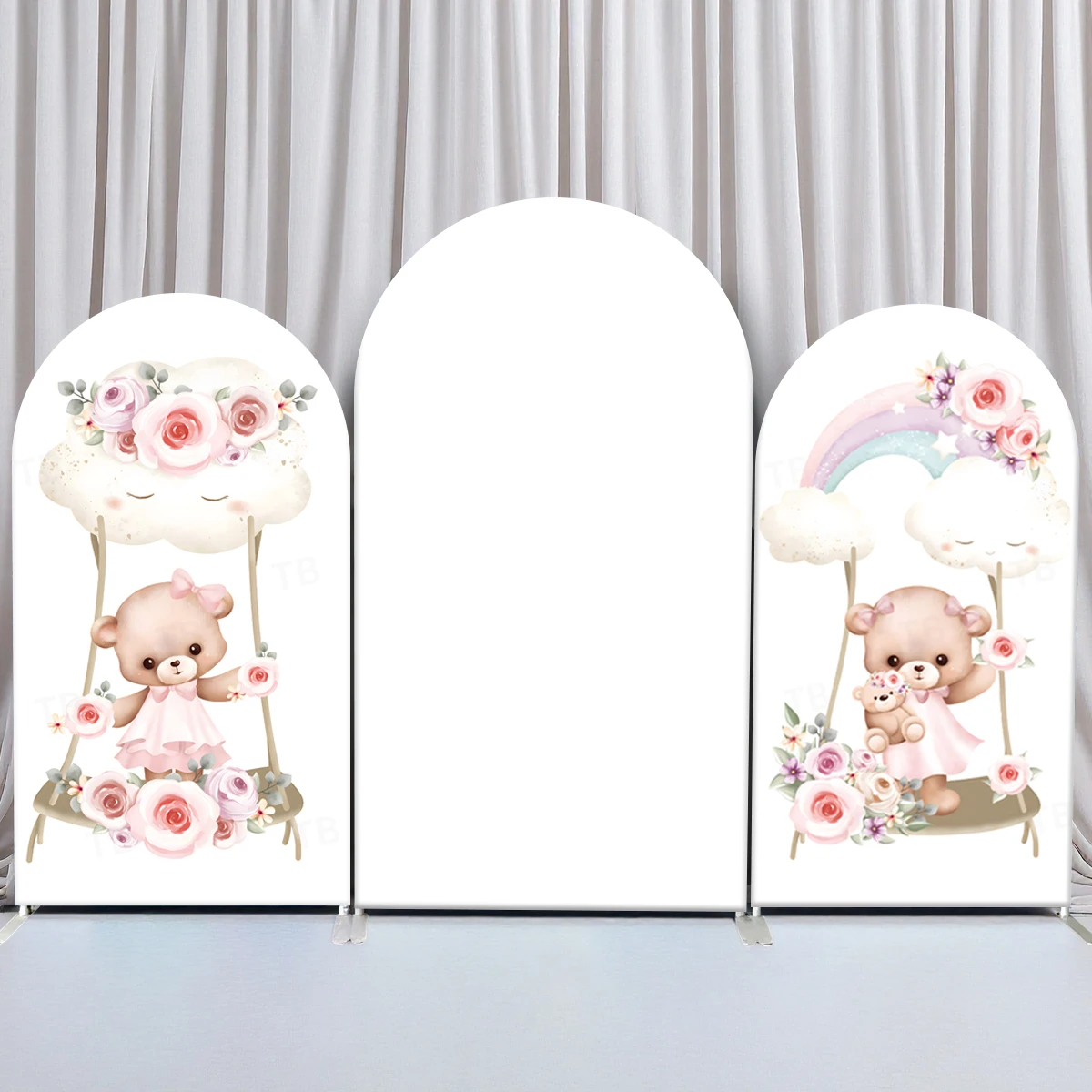 

TB Little Bear Cloud Flower Theme Arch Backdrop Cover Girl Birthday Party Baby Shower Photography Background Decor Elastic Fabri
