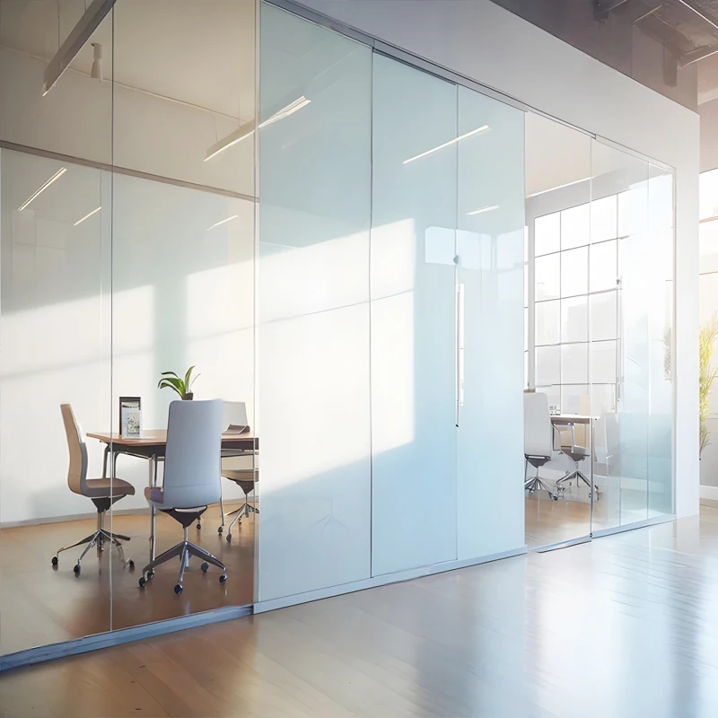 High-quality smart glass partition for office doors and walls, with remote control and instant privacy features, using PDLC film