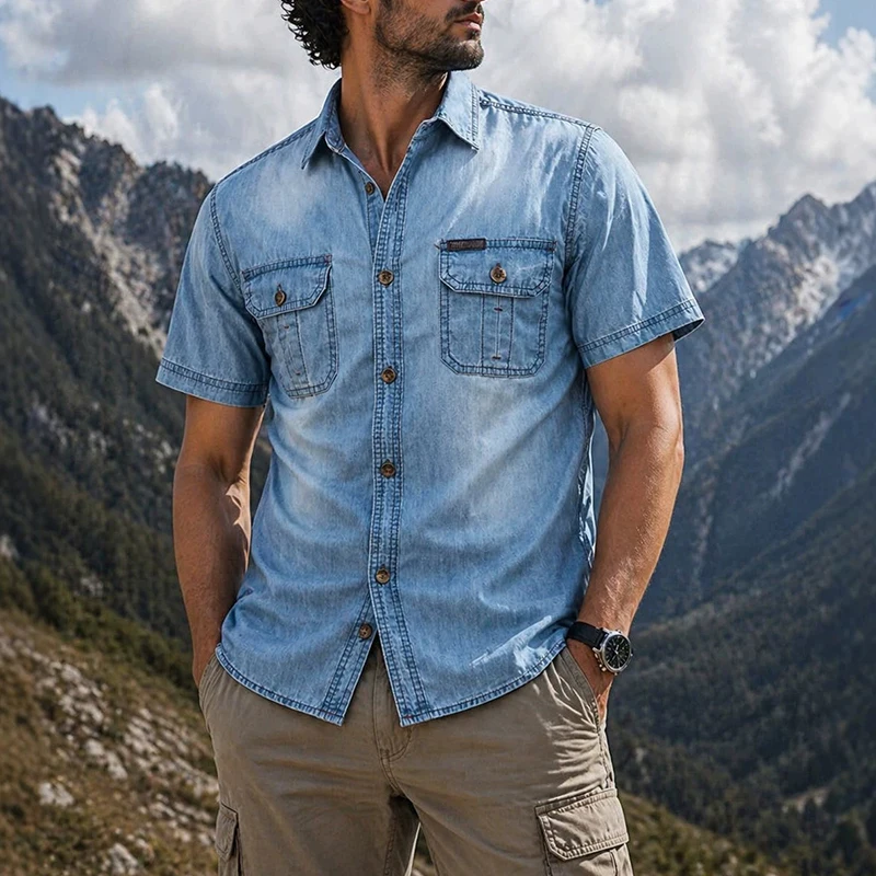 Classic Mens Short Sleeve Denim Shirts Vintage Turn-down Collar Cargo Jean Shirt For Men Summer Daily Casual Solid Color Shirts