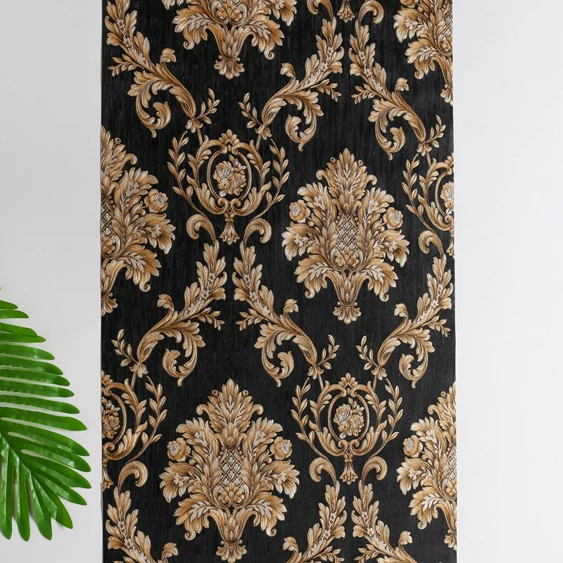 Pure Black Gold 3D European Style Large Flower Wallpaper for Bedroom Living Room Feature Wall Luxury KTV Bar Embossed Wallpaper